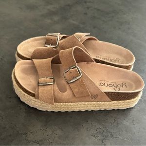 YOKONO DOUBLE STRAP LEATHER SLIP ON SANDALS MADE IN SPAIN SIZE 8 TAN